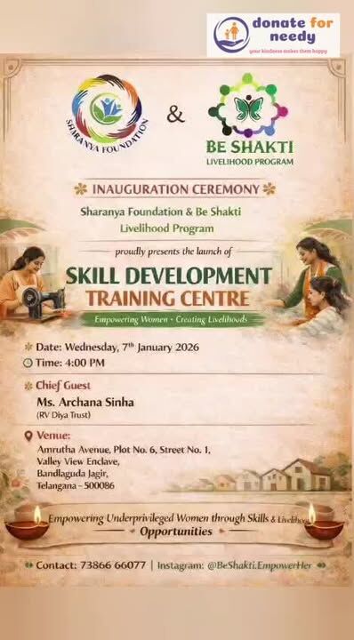 On January 7th, 2026, we took a meaningful step toward Women Empowerment and Sustainable Livelihoods—starting small, but with a bigger vision for lasting impact.

Our initiative focuses on training and empowering underprivileged women with essential skills that enable them to stand on their own and achieve financial independence. Through holistic skill development, we aim to build confidence, self-reliance, and long-term livelihood opportunities.

Skill Development Trainings Provided:

Vocational Training (Tailoring & Jute Bag Making)

Digital & Computer Literacy

Financial Literacy & Awareness

Soft Skills Development

Livelihood & Income Generation Support

By investing in women, we invest in families, communities, and a stronger future. Together, we are creating pathways for empowerment and sustainable growth.

#charity #donation #support 

𝗦𝗵𝗮𝗿𝗮𝗻𝘆𝗮 𝗗𝗲𝘃𝗲𝗹𝗼𝗽𝗺𝗲𝗻𝘁 𝗙𝗼𝘂𝗻𝗱𝗮𝘁𝗶𝗼𝗻
https://social.donateforneedy.org/donate